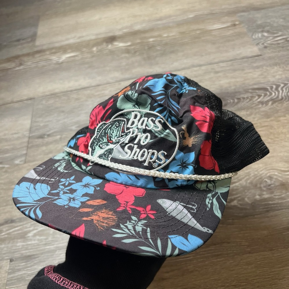 Bass Pro Shops Trucker Hat Unisex OSFM Black Floral Fishing Rope Cap Distressed